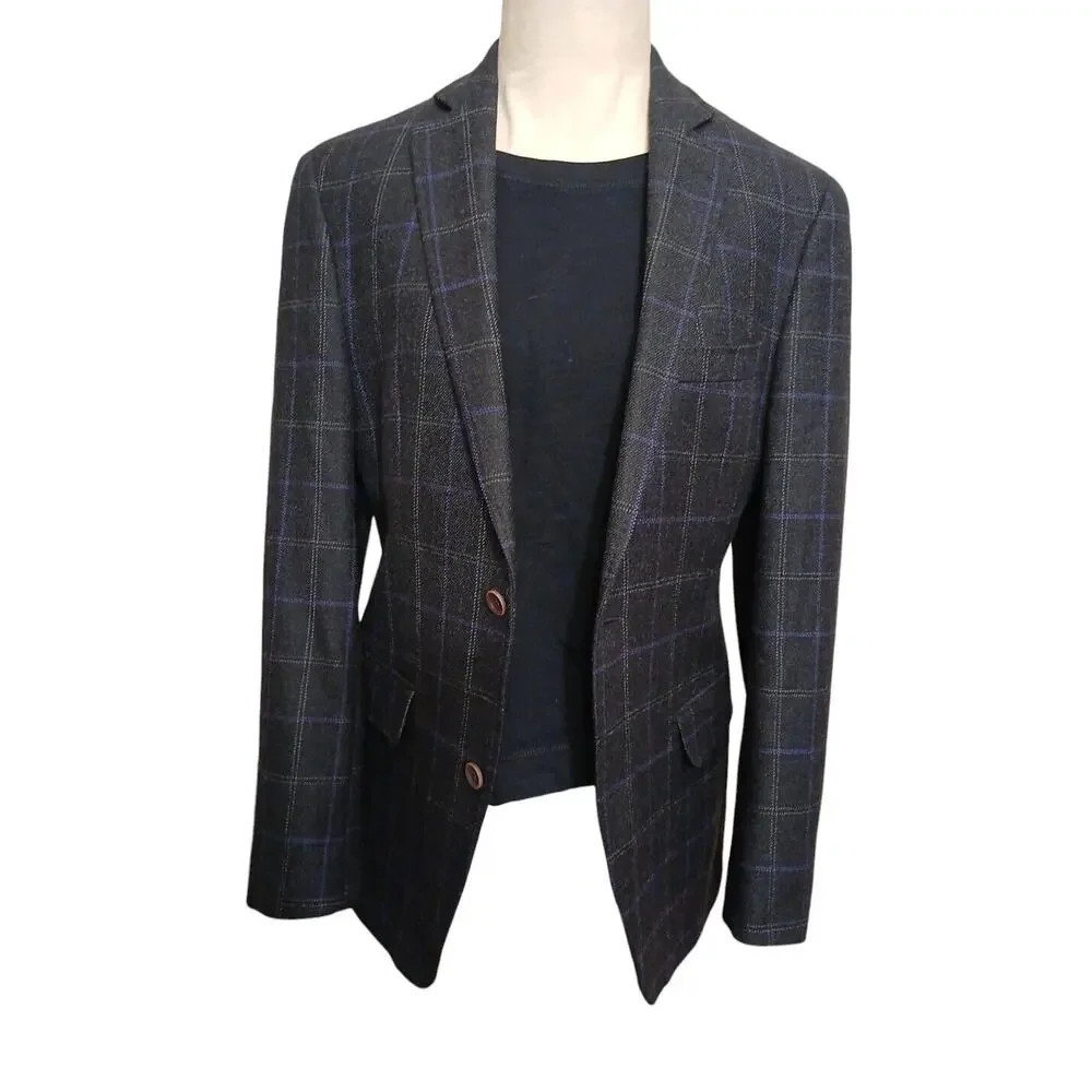 Tallia Men's Slim Fit WOOL Blend Sport Coat Sz 40 Black Plaid Jacket Macy's $295